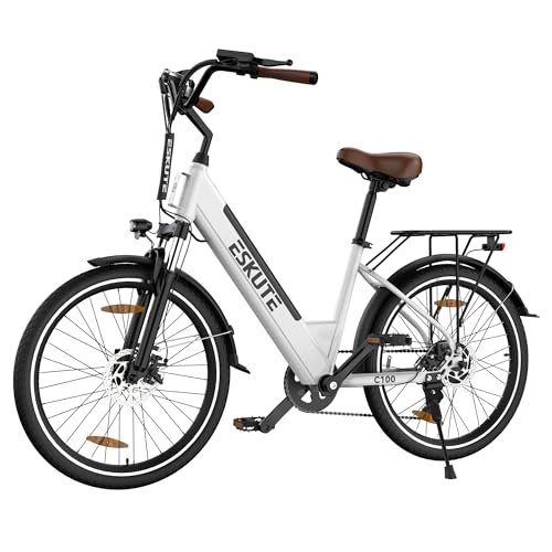 ESKUTE C100 Electric Bike for Adults, 500W Peak Motor, Up to 40Miles Range, 26″ Step-Thru Electric City Bike with 7-Speeds and Front Suspension