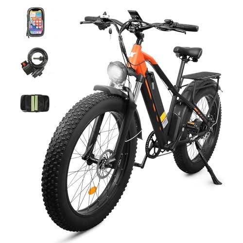 1000W Adult Electric Bicycle, 26″ Twin Reach Adult Electric Mountain Bike, 48V 16AH, 7 Speed Fat Tire Fat Tire Mountain Bike, Removable Battery, All Terrain, Orange