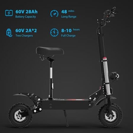 Electric Scooter Adults 50mph, 38.4Ah/28Ah Rechargeable Battery, 5600W Motor, 60/48 Miles Range 11IN Off Road Tire Folding E-Scooter with seat, Up to 50° Climbing Limit, 440LBS Max Load