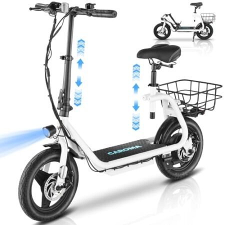 Caroma Peak 1200W Electric Scooter with Seat 14″ Tire, 30 Miles Ranges 20MPH Max Speed, Foldable Electric Scooter for Adults 300 LBS Max Load, E Scooter for Commuting with Basket