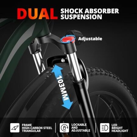 EB26 Electric Bike for Adults 1000W/peak 1500W Electric Bicycle 48V 15AH Battery Electric Bike 26″ Fat Tire Mountain 31mph Shimano 7 Speed Gears Dual Shock Absorber Electric Bike (Green)