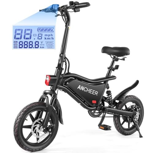 ANCHEER Folding Electric Bike for Adults, 374Wh Ebike, 20MPH Electric Bikes, 14″ Foldable Electric Bicycle, 20-50 Miles Electric Bikes, E Bike, LCD Display, Dual Suspension, UL 2849 Certification