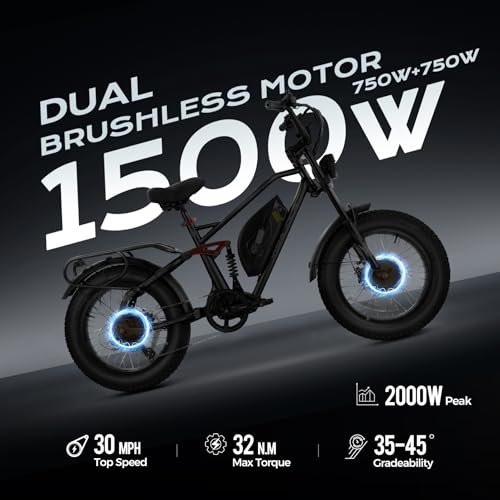 Terra II Peak 2000W Dual Motor Electric Bike for Adults, 7-Speed 33MPH 48V 20Ah E Bike, 20 * 4.0 Puncture Proof Fat Tires Hydraulic Brake Full Suspension Electric Bike, with UBS Wharging Port