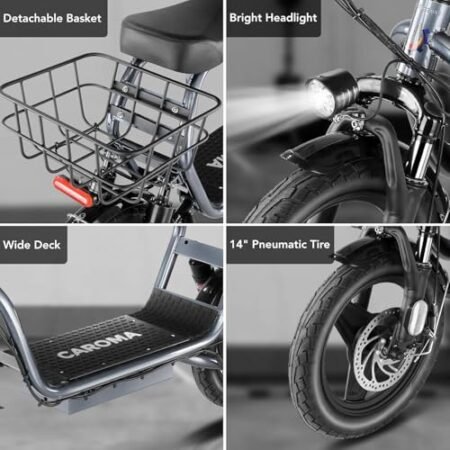 Caroma Peak 1200W Electric Scooter with Seat, 14″ Fat Tire Electric Scooter Adults, 500Wh Battery up to 30 Miles&20MPH, Foldable Adult Electric Scooter for Commuting with Basket&Shock Absorbing