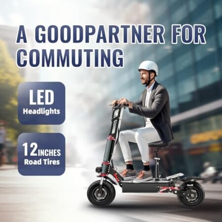 Electric Scooter Adult K8 6000w Dual Motor, Max Speed 50MPH Range 70 Miles, 12 Inch Street Tires Commuter Dual Suspension E-Scooter with Seat and RGB Light