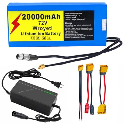 72V 20Ah Ebike Battery 72V Battery 72V Lithium Ion Battery 72V Electric Bike Battery with 3A Charger, XT60 Extension Cord, XT90 Connector , Anderson Connector for 200-2500W Electric Bicycles Motor