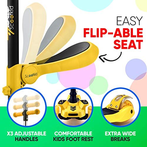 Hurtle 3-Wheeled Scooter for Kids – Wheel LED Lights, Adjustable Lean-to-Steer Handlebar, and Foldable Seat – Sit or Stand Ride with Brake for Boys and Girls Ages 1-14 Years Old