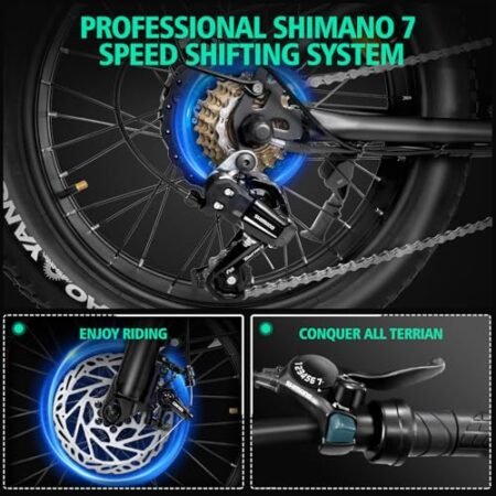 Electric Bike 1000W Peak Brushless Motor with 15Ah Battery,Shimano 7 Speed Gears,Up to 28MPH E Bike for Commute Mountain Beach Snow Riding,20″ Fat Tire for Adults,DK400