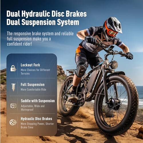 Electric Bike for Adults with 3000W Peak Dual Motors, 23AH 1196WH/1104WH Battery, 37MPH 26” Fat Tire, Full Suspension, Dual Hydraulic Disc Brake, E Bikes For Men, 90 Miles Long Range 45° Uphill