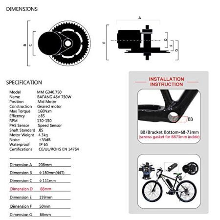 BAFANG 48V 750W Mid Drive Electric Bike Conversion Kit with HMI Display BBS02B 8FUN Mid Motor for Bike Kit with 48V Ebike Battery