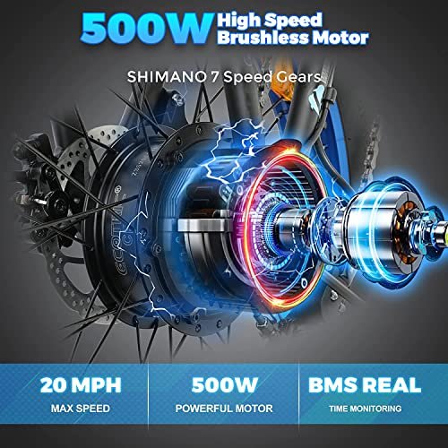 ECOTRIC 20″ Powerful Electric Bike for Adults 500W 36V Folding Fat Tire Bicycle 12.5AH Lithium Battery Ebike Rear Motor Alloy Frame Shimano 7 Speed Gear (Black/White) - Image 5