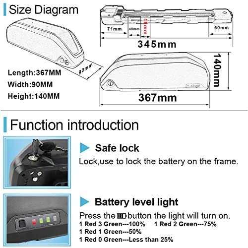 Ebike Battery 36V / 48V / 52 V – 13Ah 15Ah 17Ah 19.2Ah 20.4Ah Down Tube Battery for 200-1500W Motor, Electric Bicycle Lithium-Ion Battery, Safe Lock, Led Indicator Light, with Base and Charger,BMS - Image 3