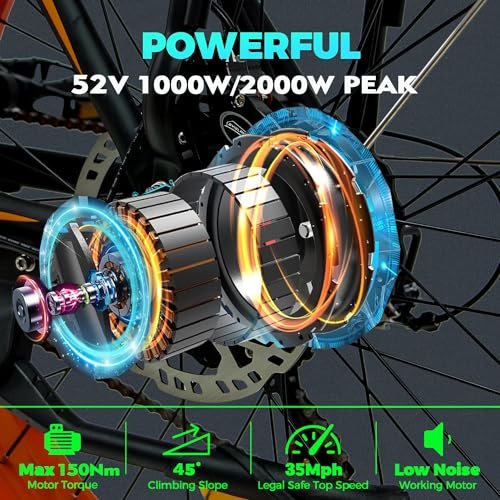 Electric Bike for Adults,2000W Electric Bicycles 52V 23AH, 26″x 4″Fat Tire Electric Mountain Bike Dual Motor Up to 35MPH, 21-Speed Front Shock Absorption Ebike