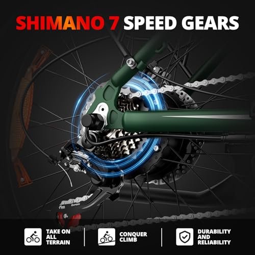 EB26 Electric Bike for Adults 1000W/peak 1500W Electric Bicycle 48V 15AH Battery Electric Bike 26″ Fat Tire Mountain 31mph Shimano 7 Speed Gears Dual Shock Absorber Electric Bike (Green) - Image 5