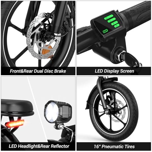 16″ Folding Electric Bike Adults, Peak 630W Adult Electric Bicycles, Up to 25 MPH and 35 Miles Foldable Ebikes, Electric Bike for Teens with 36V 8Ah Removable Battery, Dual Disk Brake - Image 4