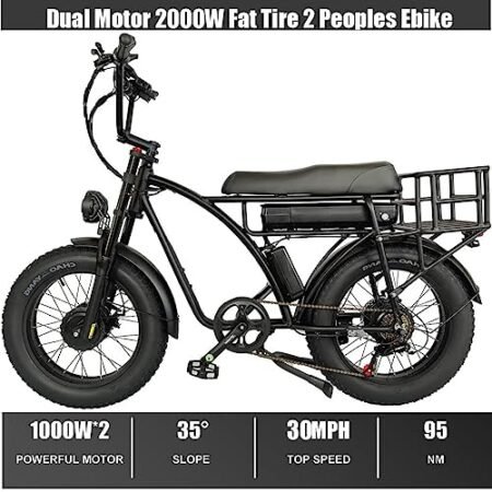 2000W Dual Motor Electric Bike for 2 Adults, 2 Person AWD Ebike, 30 MPH 48V 18AH Fat Tire Mountain E Bikes, Two People E Bike for Hunting, 20” Adult Electric Bicycles for Men & Women