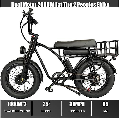 2000W Dual Motor Electric Bike for 2 Adults, 2 Person AWD Ebike, 30 MPH 48V 18AH Fat Tire Mountain E Bikes, Two People E Bike for Hunting, 20” Adult Electric Bicycles for Men & Women