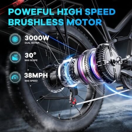 Electric Bike for Adults, Peak 1500W/3000W Single/Dual Motor, up to 35-38 MPH and 90 Miles Range, 1196Wh Battery, 26″ x 4.0″ Fat Tire Full Suspension 7 Speed Adult Electric Bicycles for Commute