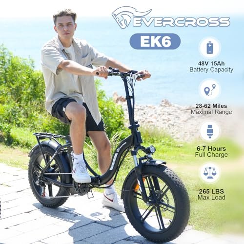 EVERCROSS EK6 Electric Bike 20″ x 4.0 Fat Tire Foldable E Bike with 48V 15Ah Removable Battery, 750W Mountain Adult Electric Bicycle with 7 Gears, 55-100KM Long Mileage - Image 3