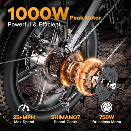 Electric Bike for Adults with Peak 1000W Brushless Motor,70Miles 28MPH Commuting Electric Foldable Bike with 48V15A Removable Battery,7-Speed Electric Bicycles,20″ Tires and Front Suspension Bicycles - Image 4