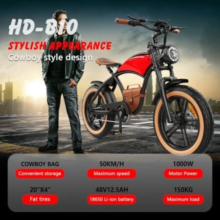 1000W Fat Tire Electric Bike, E Bikes for Men Motor 28Mph, E Bikes for Adults Electric, Fast Charge 48V 12.5Ah Battery, Mountain Bike with 20 X4.0 Fat Tire