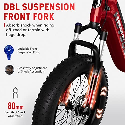 Electric Bike for Adults, HOVSCO Foldable 20” Fat Tire Ebike 750W Motor Torque Sensor 28Mph Bike, 48V 15AH LG Battery 65 Miles Adult Bicycle with Shimano 7-Speed, Dual Shock Absorber, Red