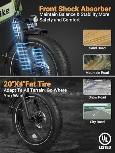 Cityfun Folding Electric Bike Adults,500W Motor (Peak 720W) Ebike with 20″ x 4.0″ Fat Tire,48V 10.4Ah Removable Battery Hidden,Electric Mountain Bike,UL 2849 Certified,Commuting E-Bike,7-Speed