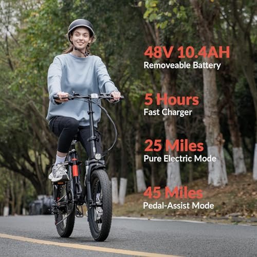 Electric Bike, 20″ Fat Tire Step-Thru Electric Bicycle, 900W Peak Motor 45 Miles 20MPH Top Speed, Dual Suspension & 7-Speed Folding Ebike for Adults with Rear Rack