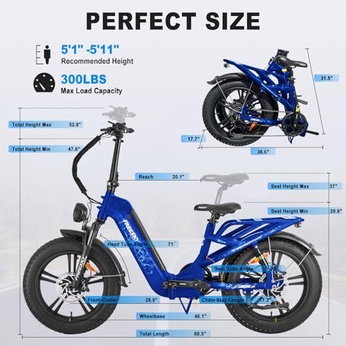 FREESKY 1200 W Motor 48 V 20 Ah Battery with Samsung Cells Full Suspension,32 MPH Up to 90 Miles Step-Thru Folding Electric Bike for Adults, 20” Fat Tire Dual Hydraulic Brakes Electric Bicycle