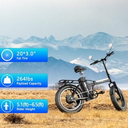 Freego Folding Electric Dirt Bike for Adults, 500W Motor,28Mph Max Speed/48V/20Ah/50Mile Removable Battery 7 Speed Electric Bike, 20″ x 3 Tire Foldable Bike Front Supspension,Rearview Mirror