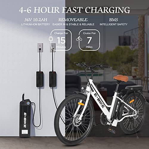 Electric Bike for Adults, 26 inch Step Thru Electric Bicycle with 36V Removable Battery and 7-Speed Gears, 500W Brushless Motor Cityrun Ebike Electric Street Bike
