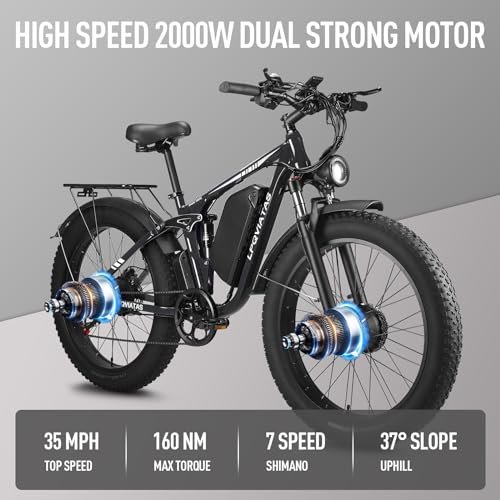 2000W Electric Dirt Bike for Adults with 52V 23AH Battery, 35MPH Dual Motor Ebike 26″ Fat Tire for Men, 70 Miles Electric Bicycle with 7 Speed Gears Dual Suspension Damping for Road Mountain Snow - Image 5