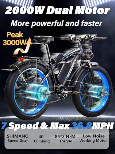 Electric Bike for Adults 2000W Peak 3000W Dual Motor E Bike with 52V 23Ah Battery 36.8MPH 7 Speed Ebike, 26″x4″ All Terrain Fat Tire Electric Bicycle with Front Fork Suspension - Image 3