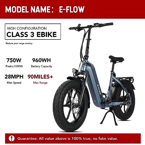E-Flow, 750W Folding Electric Bike Adults, Up to 90Miles Motor Ebike, 48V 20Ah BAFANG Battery, 20’’x4.0 Fat Tire 28MPH Step-Thru Bicycle for City Commuter, Snow, Beach, Mountain etc - Image 5