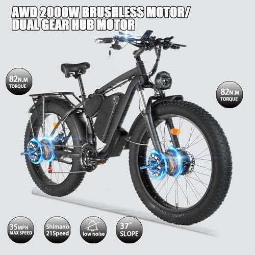 Electric Bike for Adult, Dual Motor 2000W 35MPH AWD Ebike, 48V 22.4AH Removable Lithium Battery, 26″ Fat Tire MTB, 21-Speed with Ignition Lock Hydraulic Disc Brake Front Suspension - Image 4