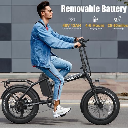 Electric Bike 20″ 750W Peak Power Folding Fat Tire Electric Bike with 48V 13Ah Removable Battery 20MPH Adult Ebike, 7-Speed Electric Bicycle, 50miles Range Commute E-Bike, LCD Display