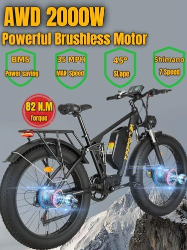 Electric Bike for Adult, NEXUSRIDER 2000W Dual Motor 35 MPH 48V 22.4Ah 7 Speed AWD Ebike, Electric Mountain Bicycle with 26″ Fat Tire MTB,Dual Hydraulic Disc Brakes Full Suspension