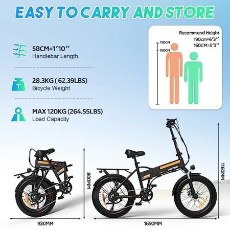 BK10M Folding All Terrain Electric Bike for Adults, 20 x 4 Inch Fat Tires, 750W Motor, 48V 12Ah Removable Battery, 22-55 Mile Range, 7 Speeds with Pump and Lock, Black