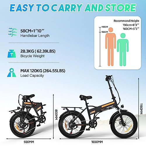 BK10M Folding All Terrain Electric Bike for Adults, 20 x 4 Inch Fat Tires, 750W Motor, 48V 12Ah Removable Battery, 22-55 Mile Range, 7 Speeds with Pump and Lock, Black