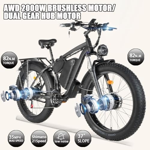 Electric Bike for Adults, 2000W Dual MotorAWD 48V 22Ah Fat Tire Ebike 35MPH Electric Bicycles Shimano 21-Speed with Ignition Lock Hydraulic Disc Brakes Bike