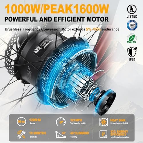 FREESKY Electric Bike for Adults 1000W/1600W Brushless Motor 48V 20 AH Battery Ebike, 26”*4.0 Fat Tire Step-Thru E-Bike, Full Suspension Electric Bicycle for Women with Rear Basket