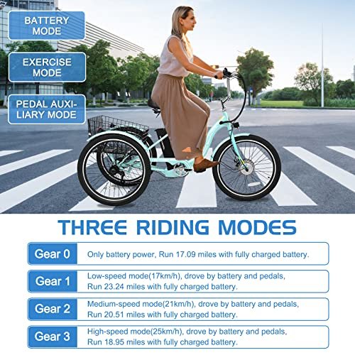 DoCred Electric Tricycle for Adults, 7 Speeds 3 Wheel Electric Bike with 36V Removable Battery for Men Women Senior, 350W Adult Electric Cruiser Tricycle Trike with Large Basket