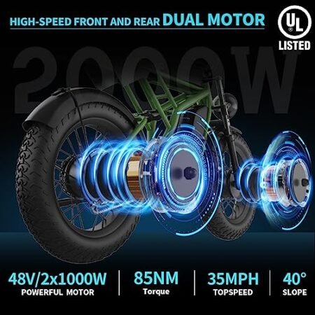 Freego Electric Bike for Adults, Dual Motor & Dual Battery, 2000W/48V/40Ah/55Ah, 20″x4.0″ Fat Tires Off Road Electric Bicycle with Removable Battery, 34MPH&68/103 Miles Long Range E Bike UL Certified