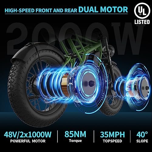 Freego Electric Bike for Adults, Dual Motor & Dual Battery, 2000W/48V/40Ah/55Ah, 20″x4.0″ Fat Tires Off Road Electric Bicycle with Removable Battery, 34MPH&68/103 Miles Long Range E Bike UL Certified