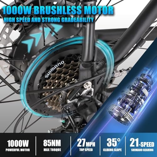 Electric Bike for Adults 1000W 48V 17.5AH Removable Battery 27MPH 26″ x 4″ Fat Tire Snow Beach Mountain Ebike with 21-Speed Shifting Gear Hydraulic Disc Brake City Electric Bicycles - Image 3