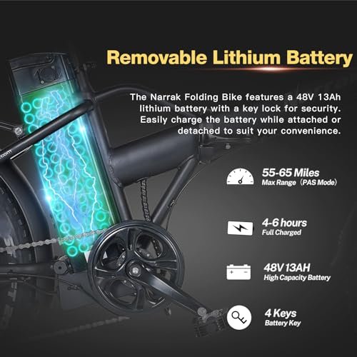 Fat Tire Folding Electric Bike, 48V & 624Wh Lithium Removable Battery, Peak 1100W Brushless Motor, Max Speed 28Mph, M5 Large LCD Display, Suspension, Step-Over/Thru Frame - Image 4