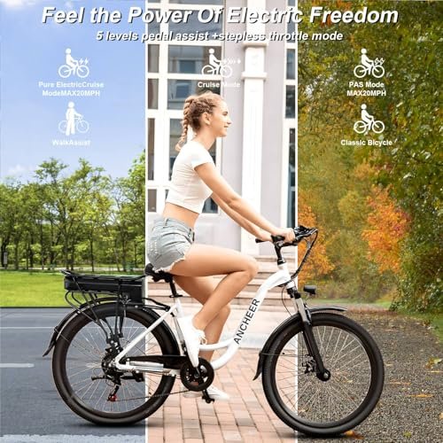 ANCHEER Electric Bike for Adults, 48V 500Wh EBike, UP to 60 Miles, Removable Battery, Fast-Charge, 26″ Commuter Electric Bicycles, 7-Speed, LCD Digital Display, Suspension Fork, Cruise Control, UL2849