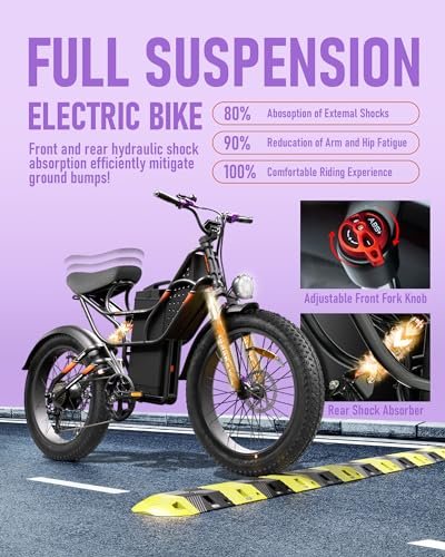 HEDONIC Cupid 1000W Electric Bike, 48V 30Ah Long Range Electric Bike Up to 110Miles 30MPH Full Suspension Ebikes with 20 * 3″ Puncture Proof Tires, Hydraulic Brake, 7-Speed, Commuter Cargo EBike - Image 5