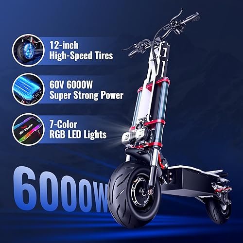 Electric Scooter Adult K8 6000w Dual Motor, Max Speed 50MPH Range 70 Miles, 12 Inch Street Tires Commuter Dual Suspension E-Scooter with Seat and RGB Light - Image 3
