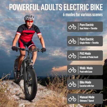 2000W Electric Dirt Bike for Adults with 52V 23AH Battery, 35MPH Dual Motor Ebike 26″ Fat Tire for Men, 70 Miles Electric Bicycle with 7 Speed Gears Dual Suspension Damping for Road Mountain Snow